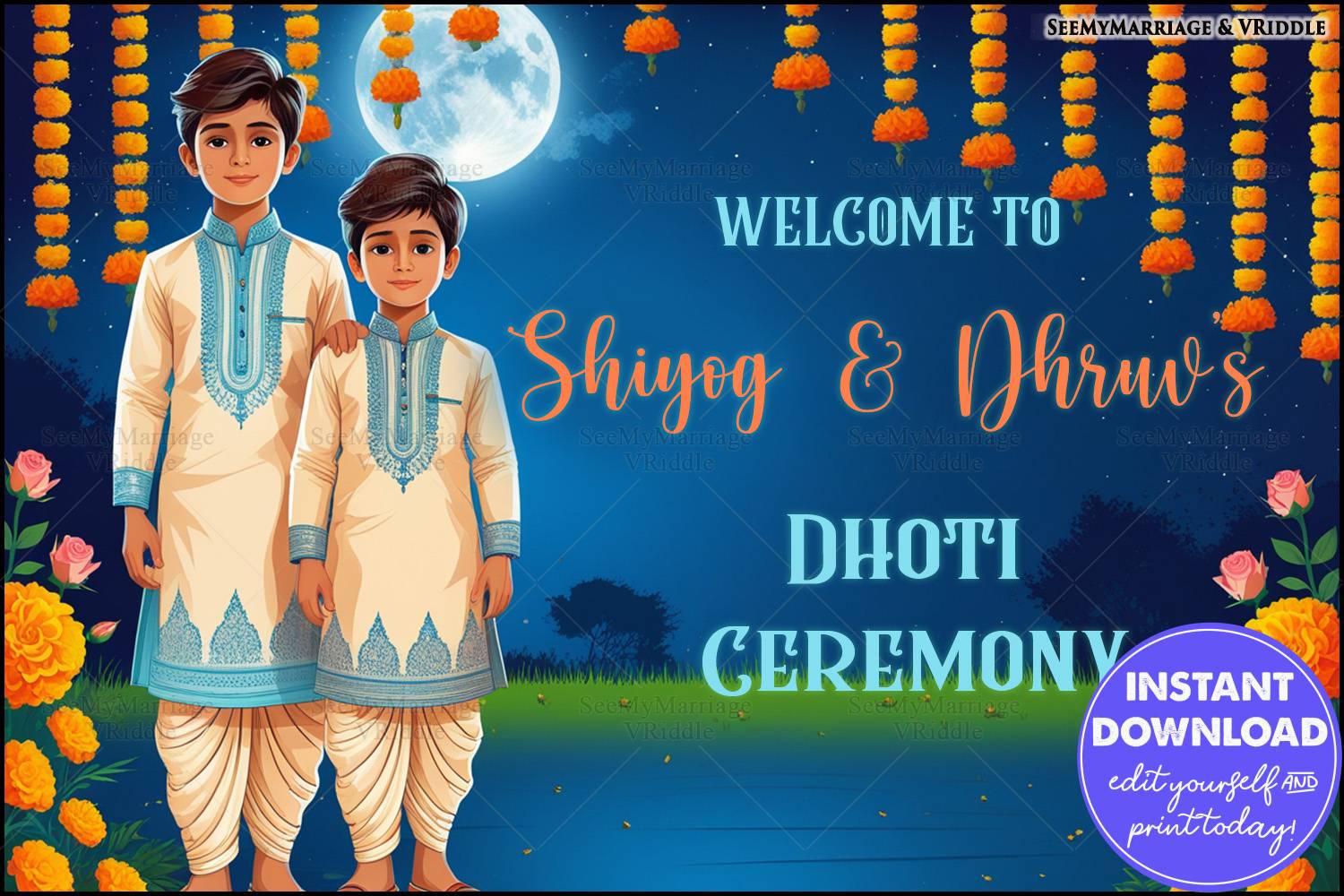 Vibrant Dhoti Ceremony Poster Featuring Marigold Garlands, Florals and Blue Background