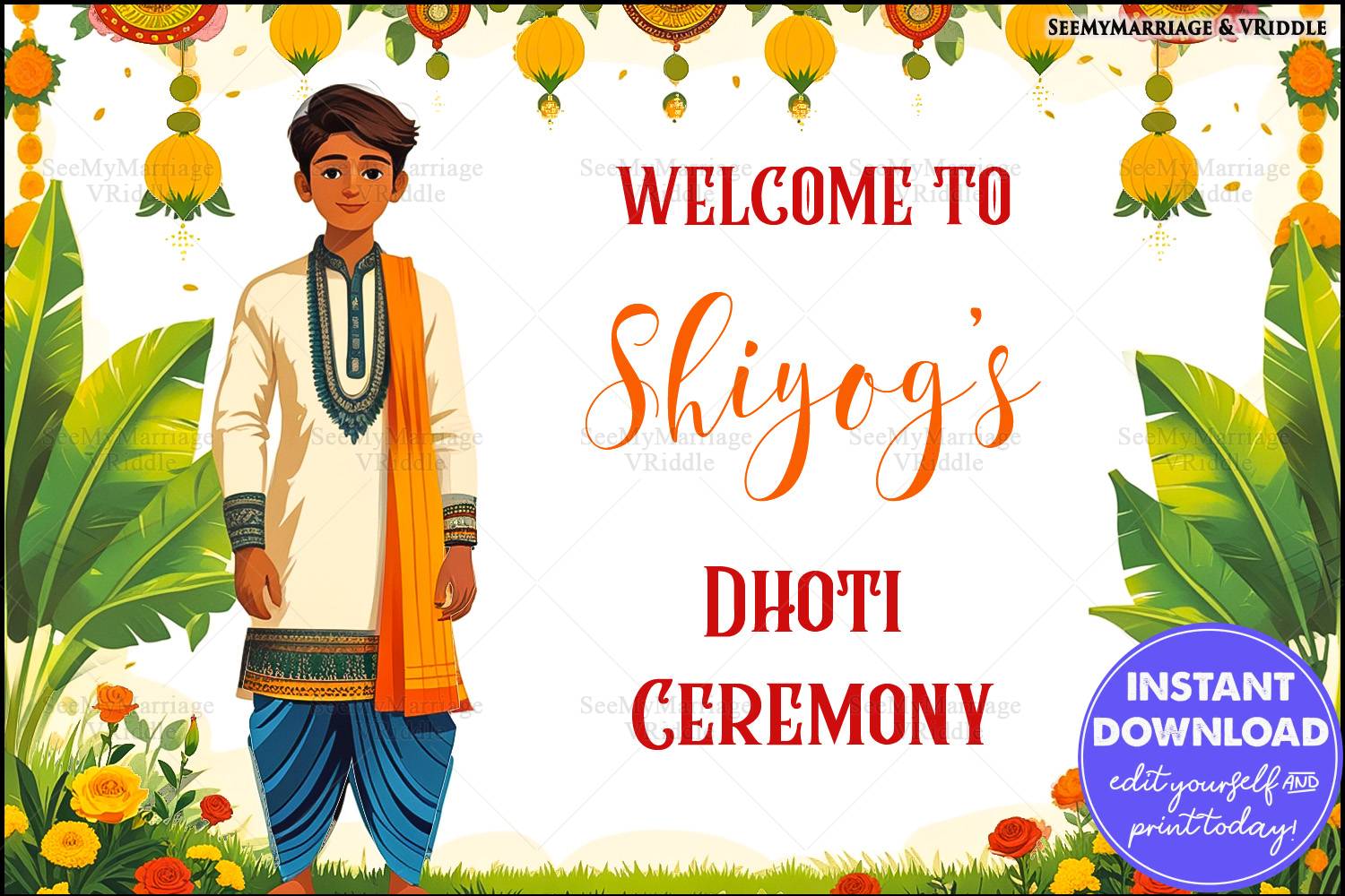 Vibrant Dhoti Ceremony Welcome BannerPoster with Banana Leaves and Florals