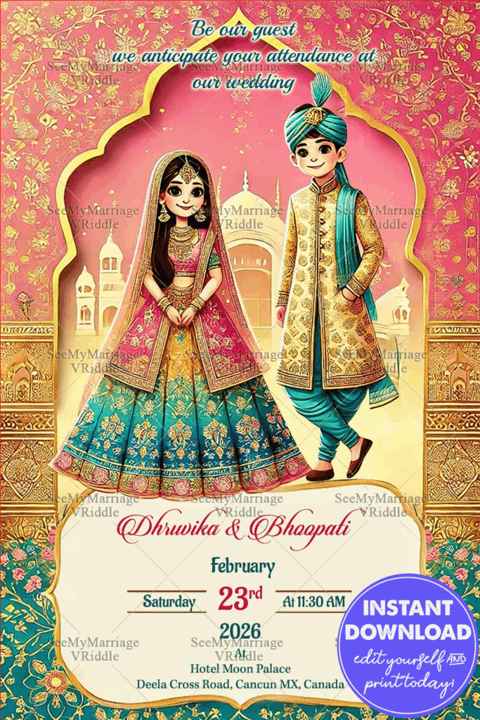 Vibrant Indian Wedding Invitation with Cartoon Couple, Palace Backdrop, and Colorful Attire