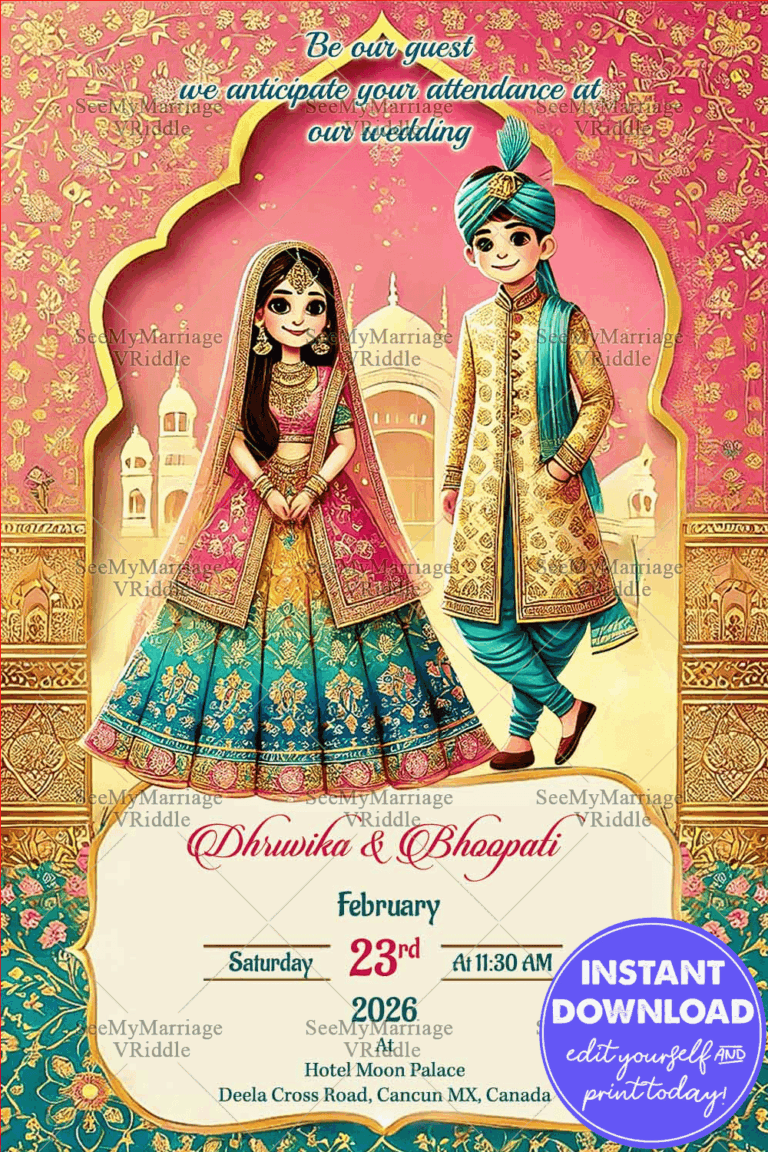 Vibrant Indian Wedding Invitation with Cartoon Couple, Palace Backdrop, and Colorful Attire
