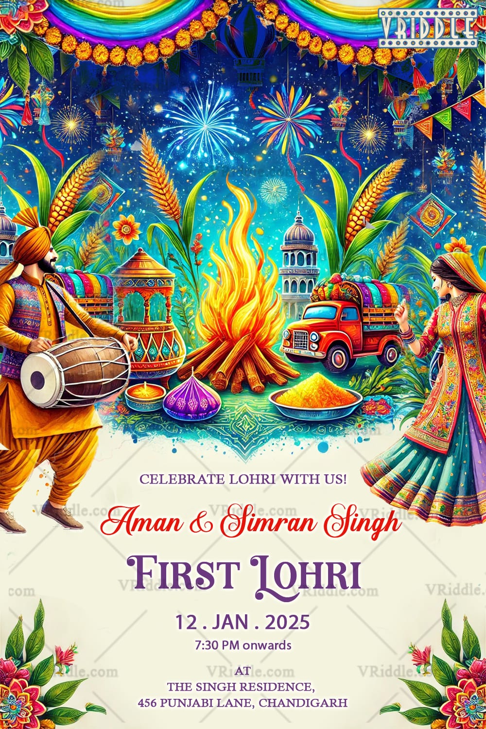Vibrant Lohri Celebration Invitation - Festive Punjabi Theme with Bonfire, Dhol, and Fireworks
