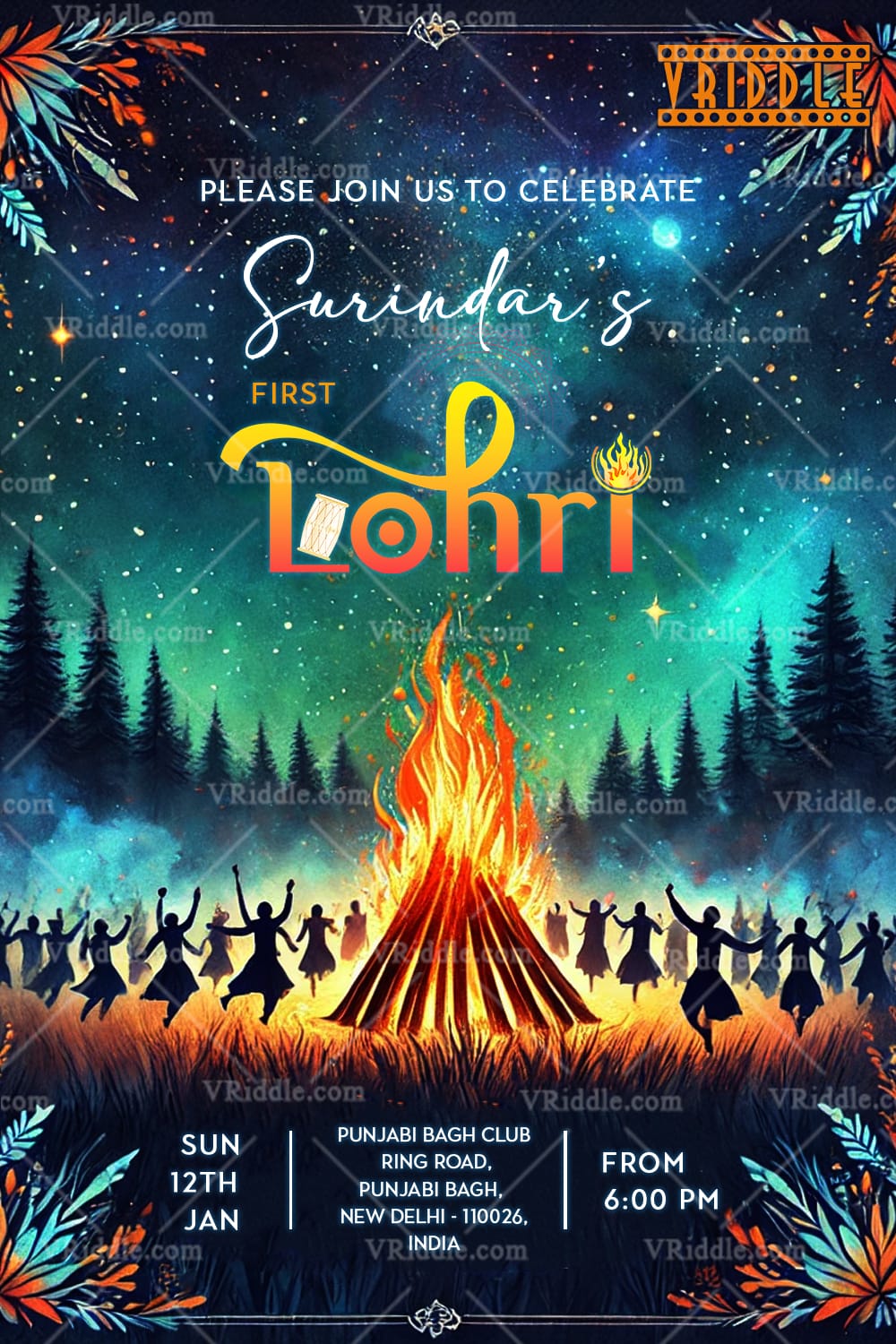 Vibrant Lohri Celebration Invitation with Festive Bonfire & Dance, Forest