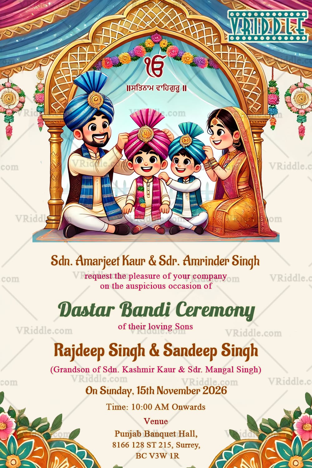 Vibrant Twins Dastar Bandi Invitation Card with Family Illustration