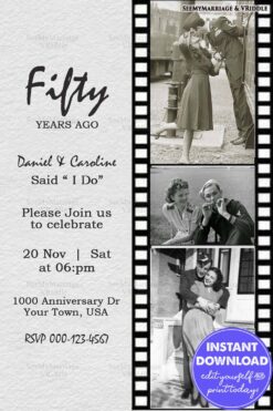 Vintage 50th Anniversary Invitation with Filmstrip Design and Black-and-White Photos