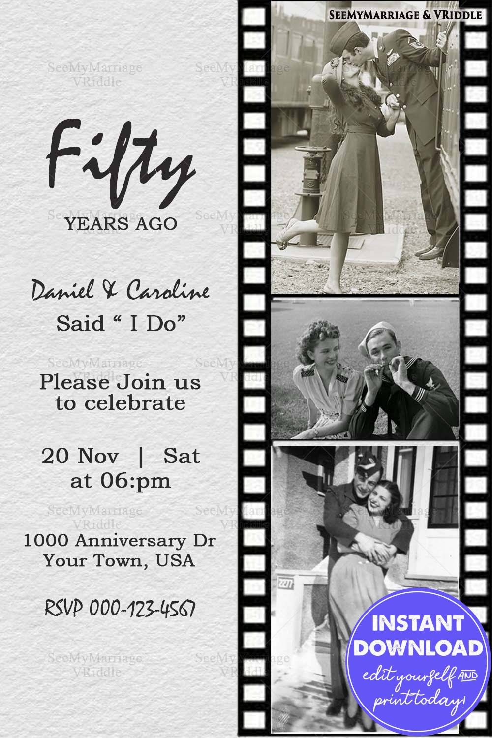 Vintage 50th Anniversary Invitation with Filmstrip Design and Black-and-White Photos