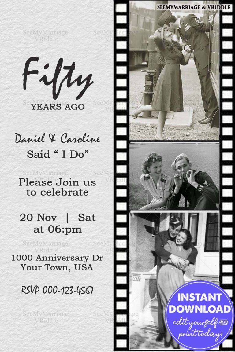 Vintage 50th Anniversary Invitation with Filmstrip Design and Black-and-White Photos