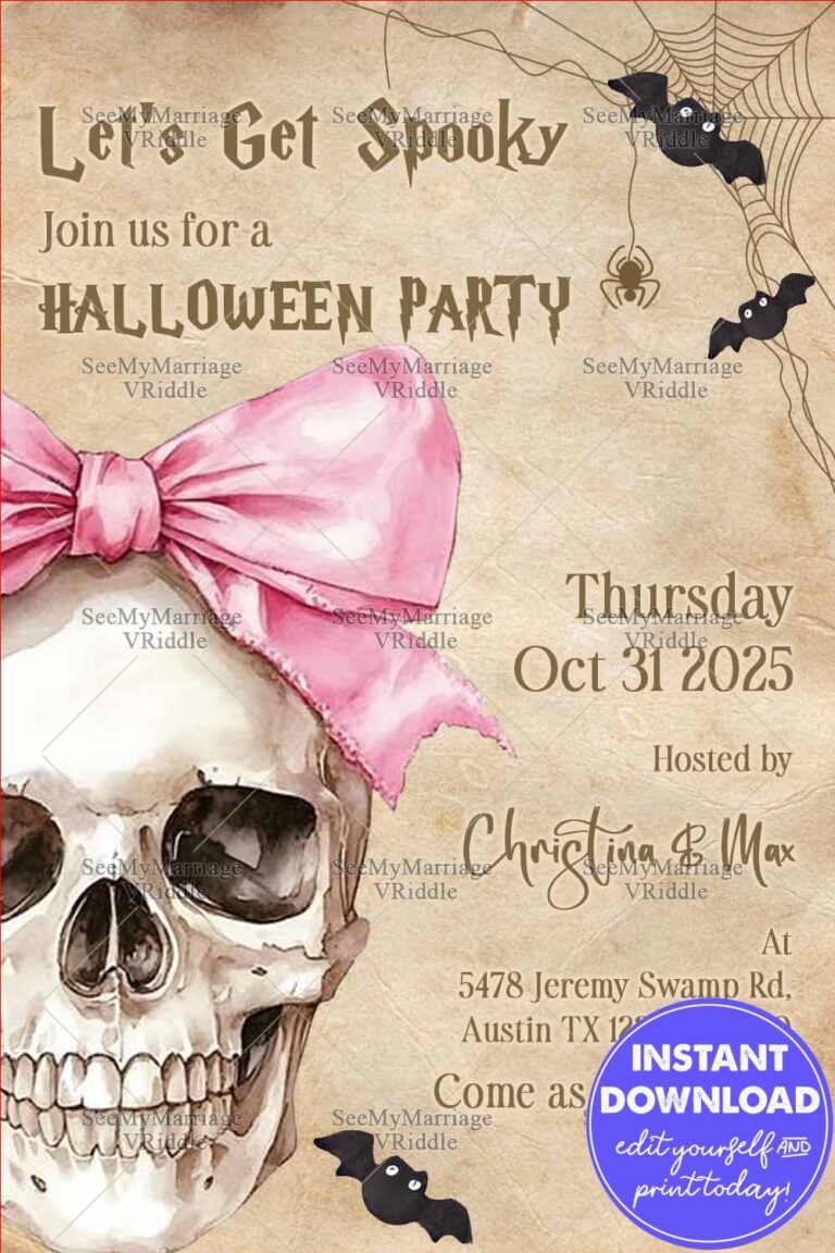 Vintage Halloween Party Invitation with Skull Illustration, Pink Bow, and Spider Web Accents
