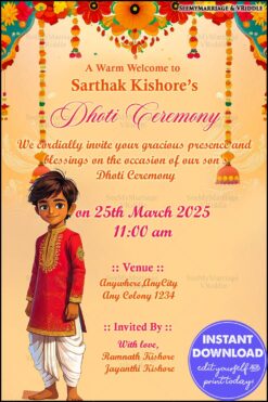 Warm Orange Dhoti Ceremony Invitation with Floral Garland Motifs and Festive Elements