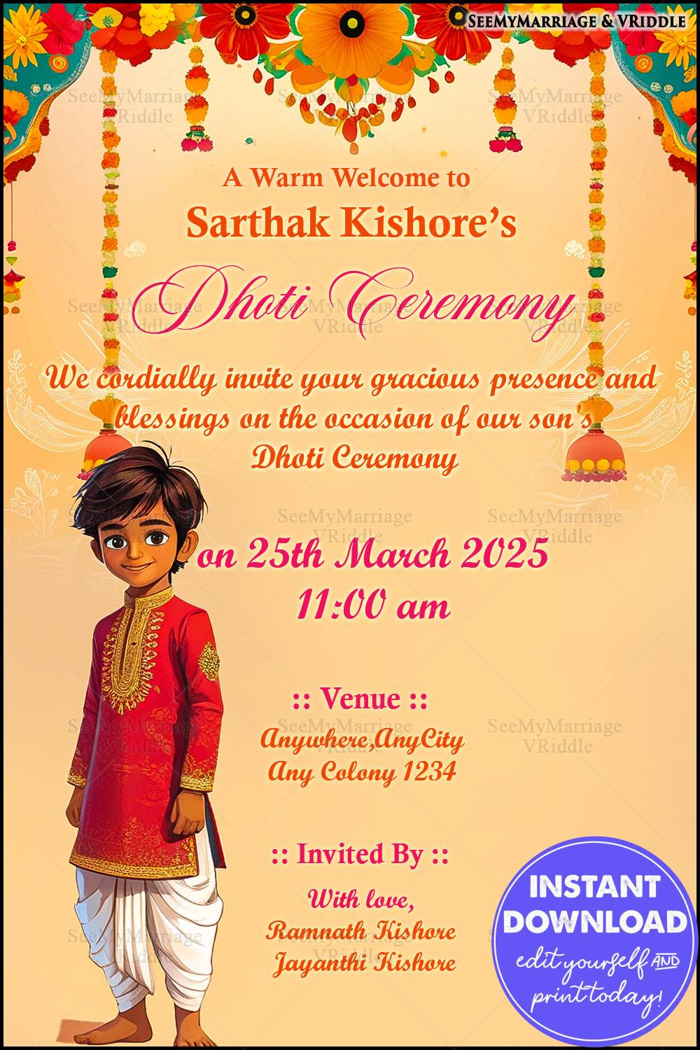 Warm Orange Dhoti Ceremony Invitation with Floral Garland Motifs and Festive Elements