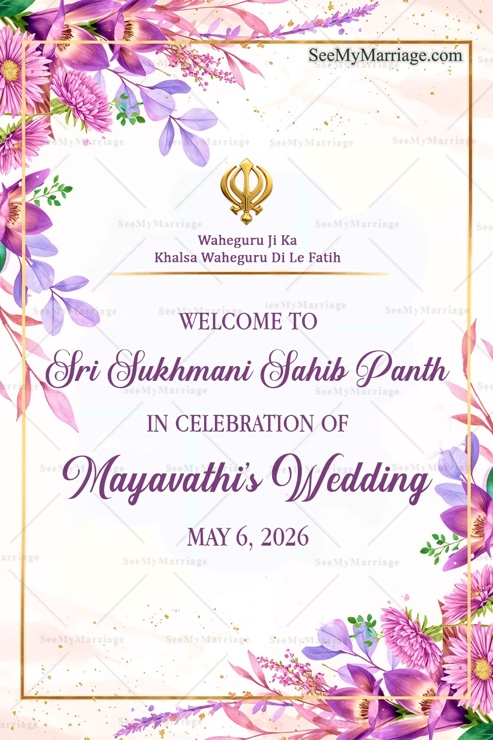 Graceful Sukhmani Sahib Path Welcome Poster with Purple and Pink Flowers