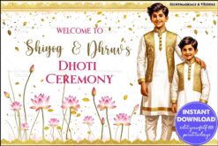 White and Gold Themed Dhoti Ceremony Welcome Banner /Poster with Pink Lotus and Falling Leaves Design