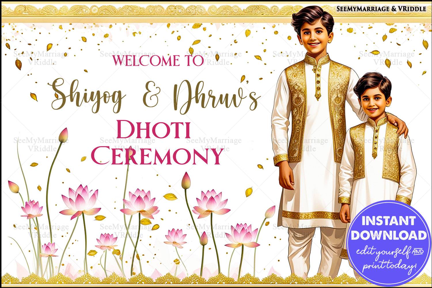 White and Gold Themed Dhoti Ceremony Welcome BannerPoster with Pink Lotus and Falling Leaves Design