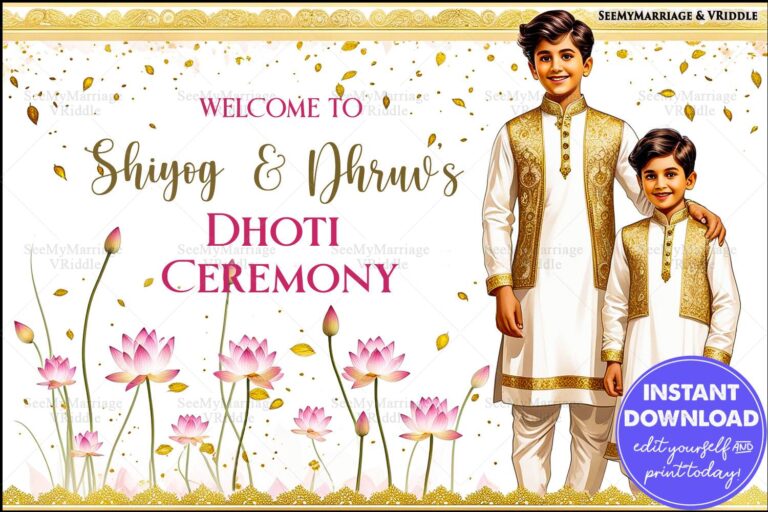 White and Gold Themed Dhoti Ceremony Welcome Banner /Poster with Pink Lotus and Falling Leaves Design