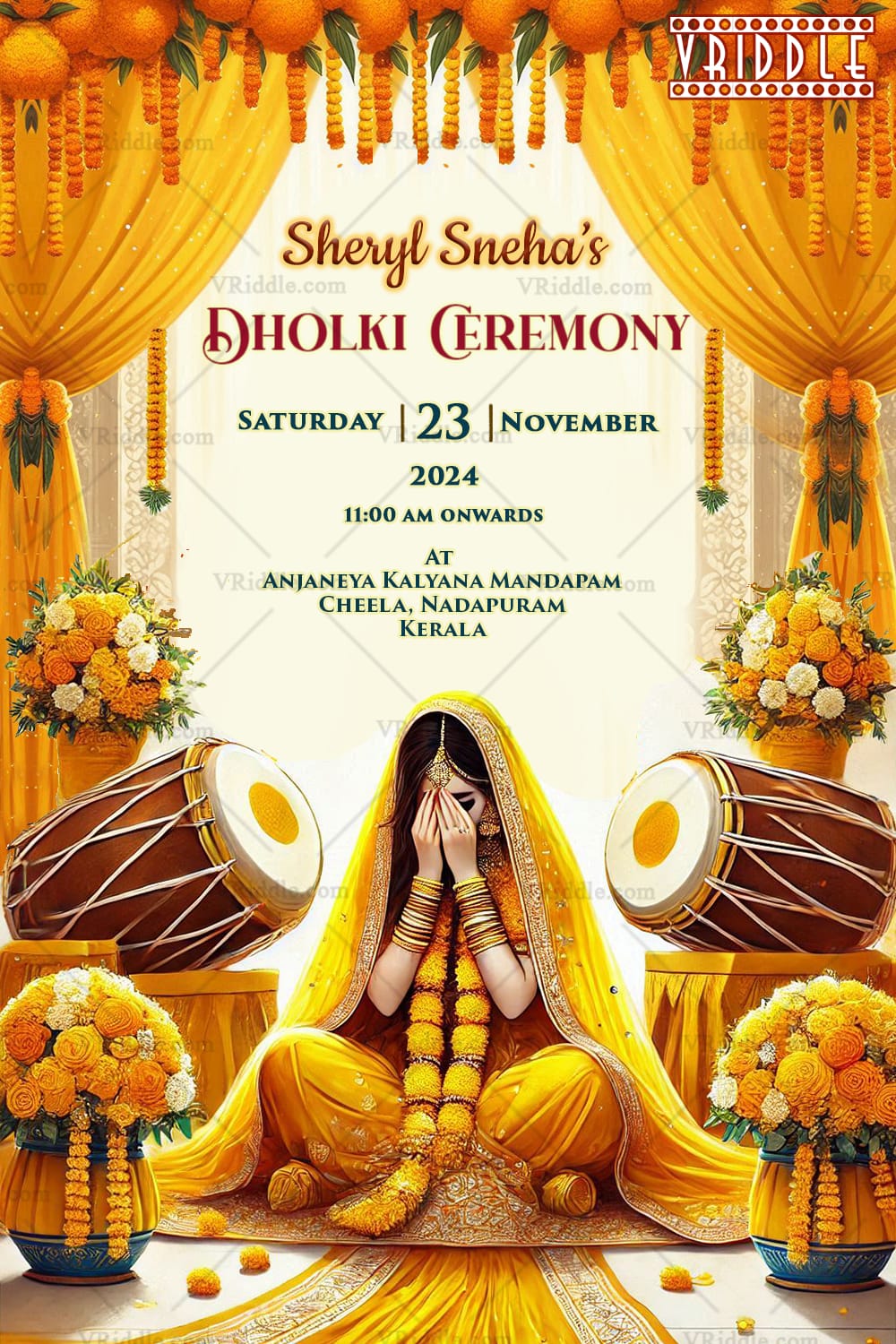 Yellow Themed Dholki Invitation Design with Floral Accents