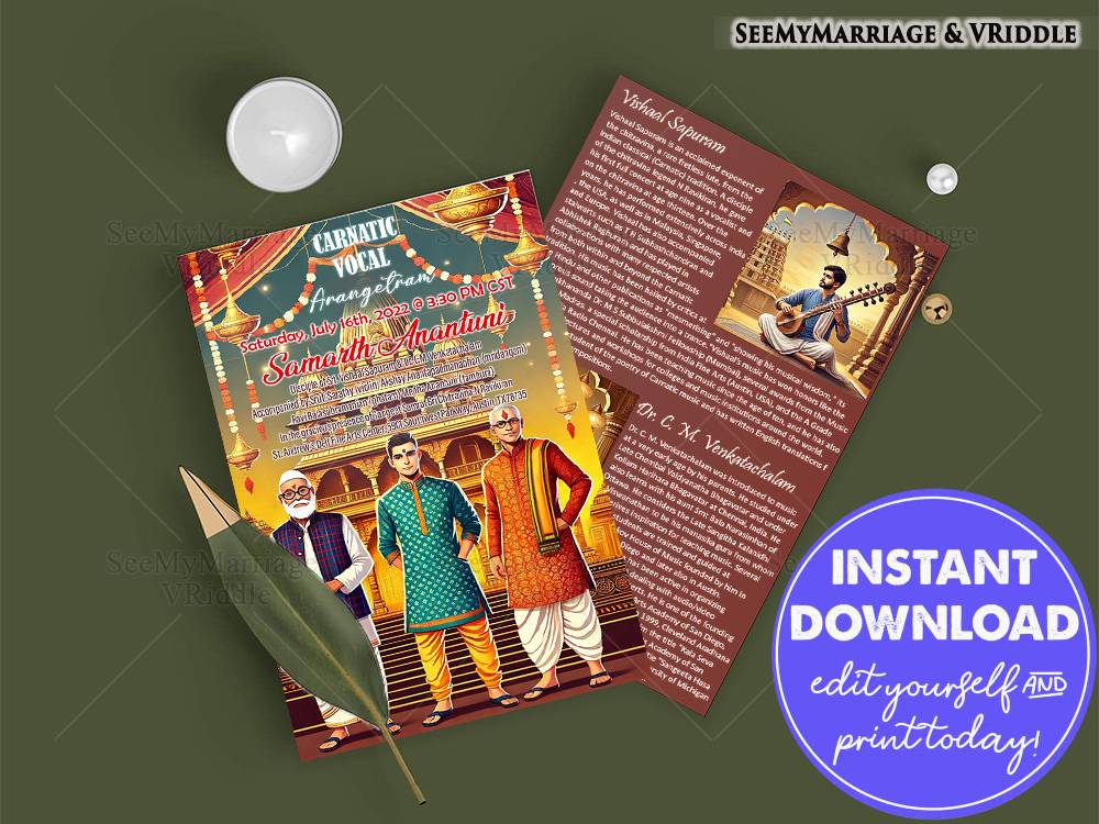 Vibrant Carnatic Vocal Arangetram Poster Featuring Traditional Musicians, Temple Motifs, and Golden Aesthetics