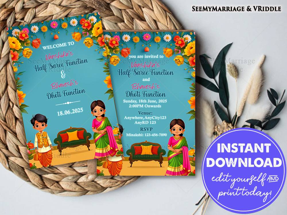 Floral Half Saree and Dhoti Function Invitation and Welcome Poster Bright Teal Background and Cultural Illustrations