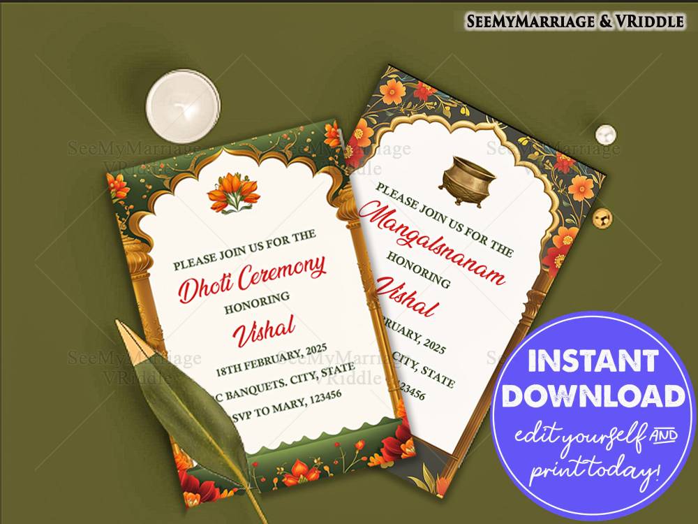 Traditional Dhoti Ceremony and Mangalsnanam Invitation with Floral and Gold Accents, Lotus Motif, Gold Pillar and Kalash Illustration