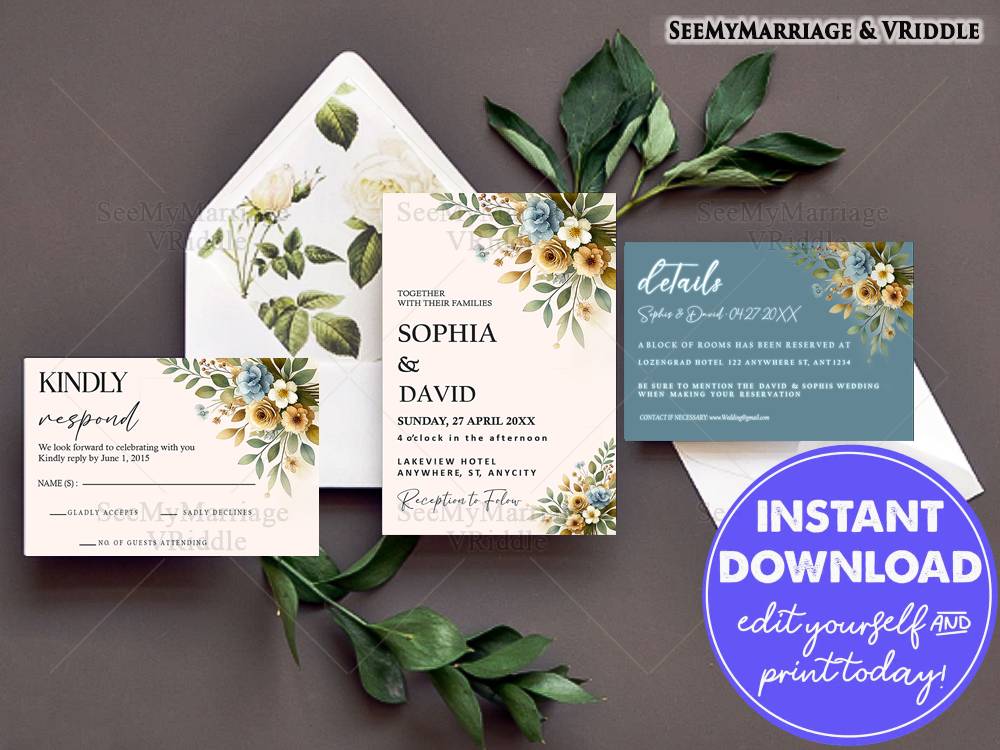 Floral Wedding Invitation Suite with RSVP and Event Details for an Elegant Celebration