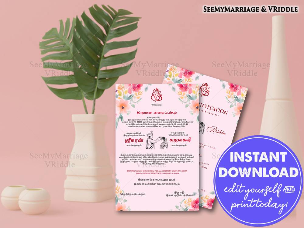 Pink Bilingual Tamil Wedding Invitation with English Details, Floral Motifs, and Traditional Elegance