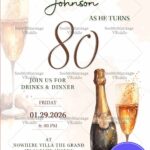 Elegant Champagne-Themed Birthday Invitation Card with Drinks & Dinner Celebration