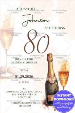 Elegant Champagne-Themed Birthday Invitation Card with Drinks & Dinner Celebration
