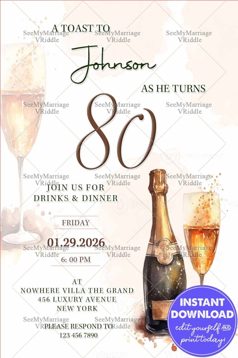 Elegant Champagne-Themed Birthday Invitation Card with Drinks & Dinner Celebration