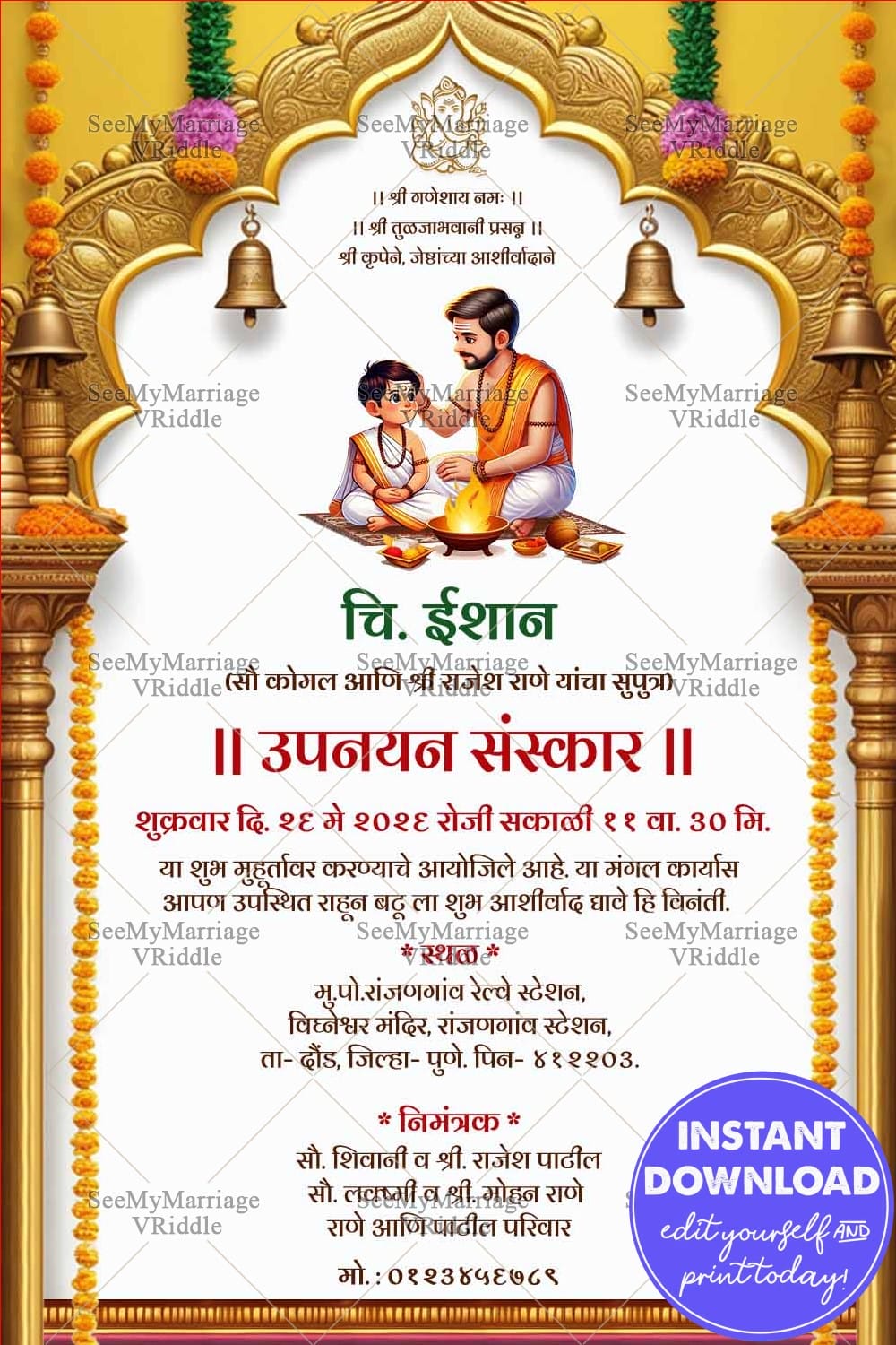 White & Gold Theme Munj Invitation Card with Boy Illustration, Fire and Vibrant Arch