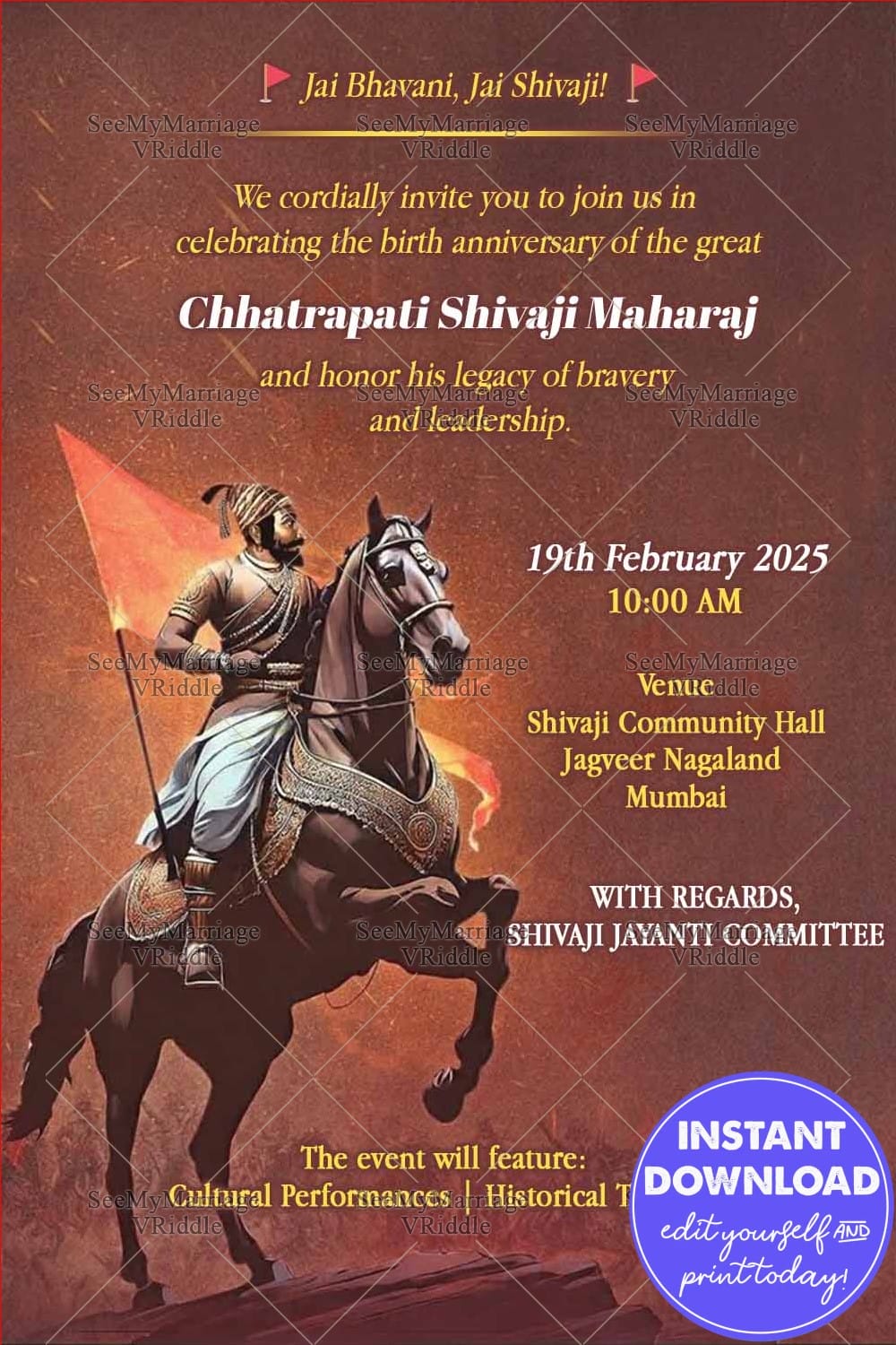 Warrior Tribute Chhatrapati Shivaji Maharaj Jayanti Invitation with Courage & Leadership Theme