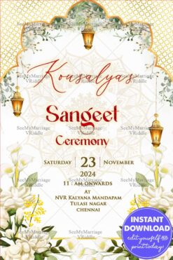 Floral & Gold Sangeet Ceremony Card with Hanging Lanterns & Mandala Patterns