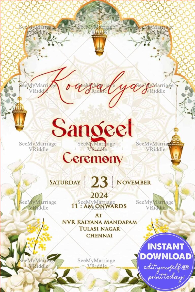Floral & Gold Sangeet Ceremony Card with Hanging Lanterns & Mandala Patterns