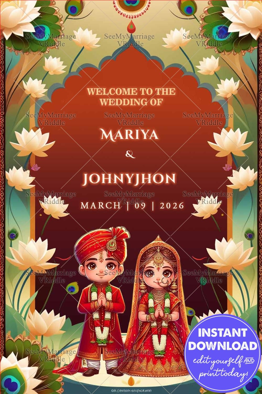 Cartoon Bride & Groom Wedding Invitation with Lotus Theme & Traditional Motifs