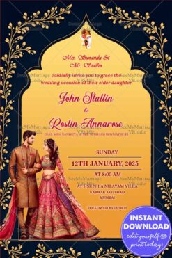 Stunning Wedding Invitation Card with Bride & Groom Illustration, Gold Accents & Traditional Art