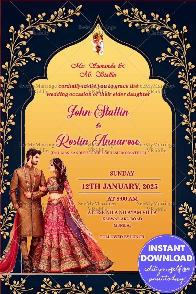 Stunning Wedding Invitation Card with Bride & Groom Illustration, Gold Accents & Traditional Art