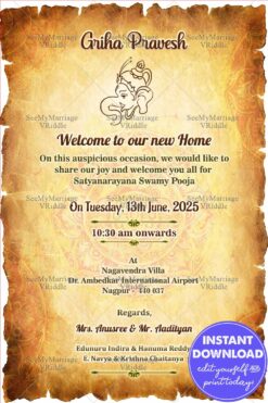 Traditional Griha Pravesh Card with Ganesha & Gold Mandala Patterns