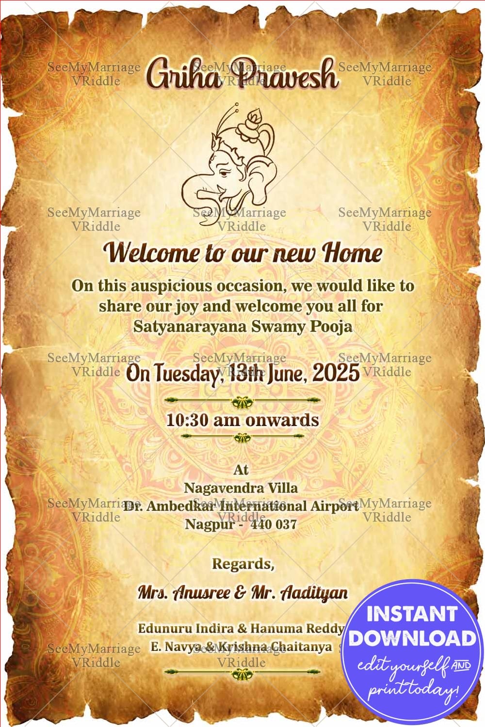 Traditional Griha Pravesh Card with Ganesha & Gold Mandala Patterns