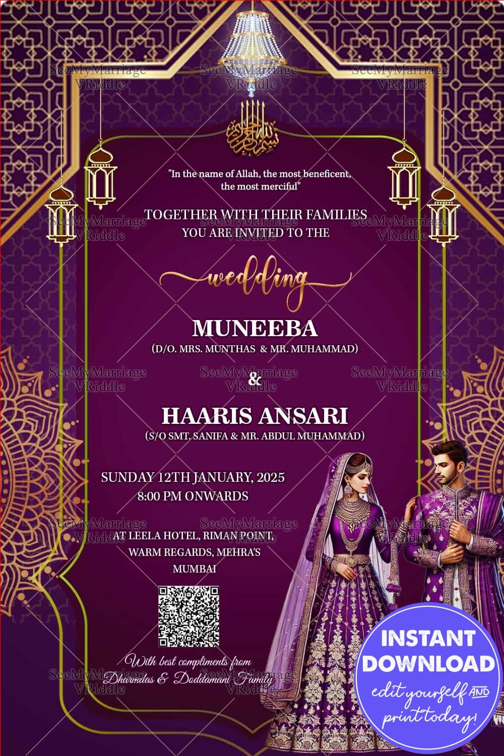 Elegant Purple & Gold Wedding Invitation with Bride & Groom Illustration, Chandelier & Lanterns