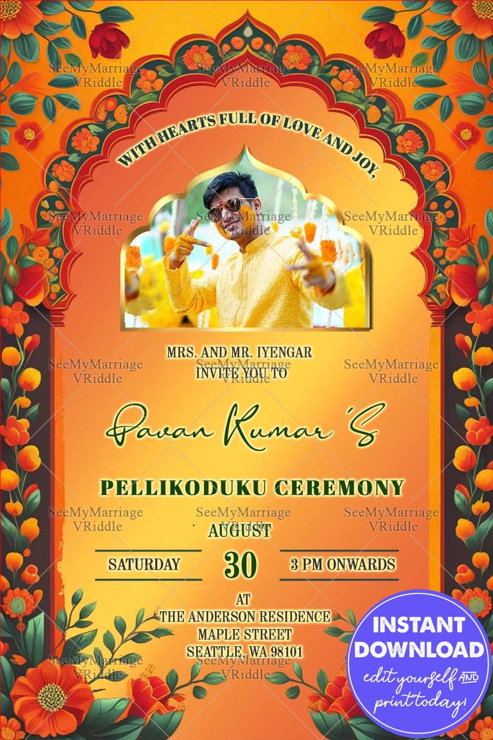 Festive Haldi Ceremony Card with Add Photo and Floral Orange-Gold Accents Design