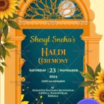 Sunflower & Marigold Decor Haldi Invitation with Traditional Arch Design and Moonlit Sky