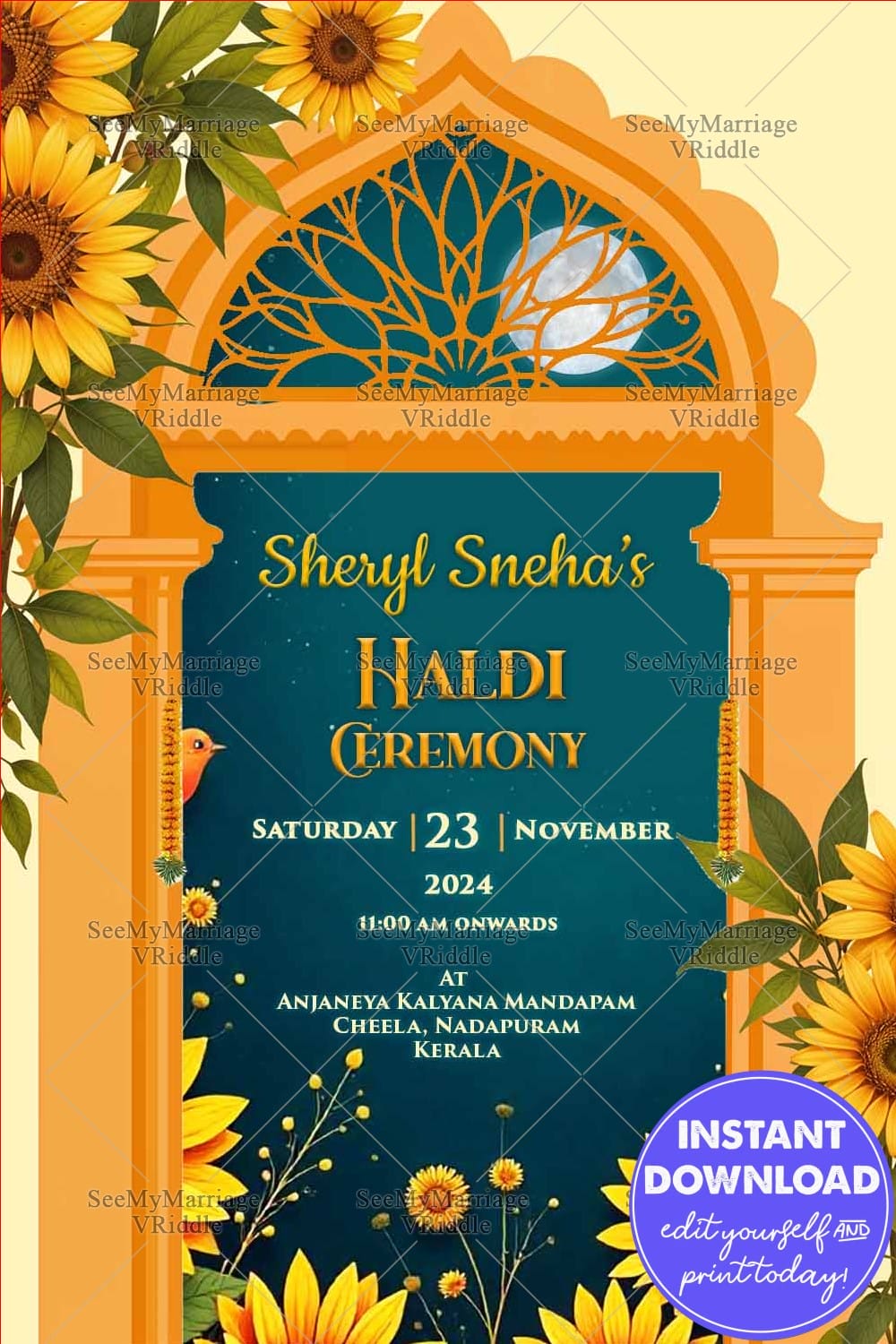 Sunflower & Marigold Decor Haldi Invitation with Traditional Arch Design and Moonlit Sky
