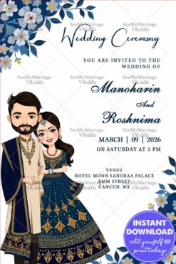 Cartoon-Style Wedding Invitation Card with Traditional Outfits, Navy Blue & White Theme