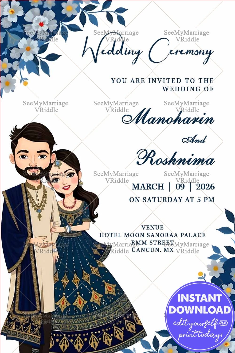 Cartoon-Style Wedding Invitation Card with Traditional Outfits, Navy Blue & White Theme