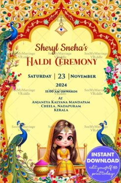Cute Bride Haldi Ceremony Invitation with Peacocks & Floral Arch Design