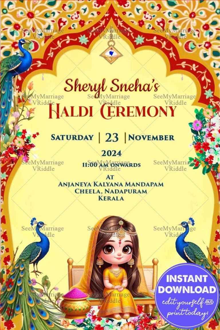 Cute Bride Haldi Ceremony Invitation with Peacocks & Floral Arch Design