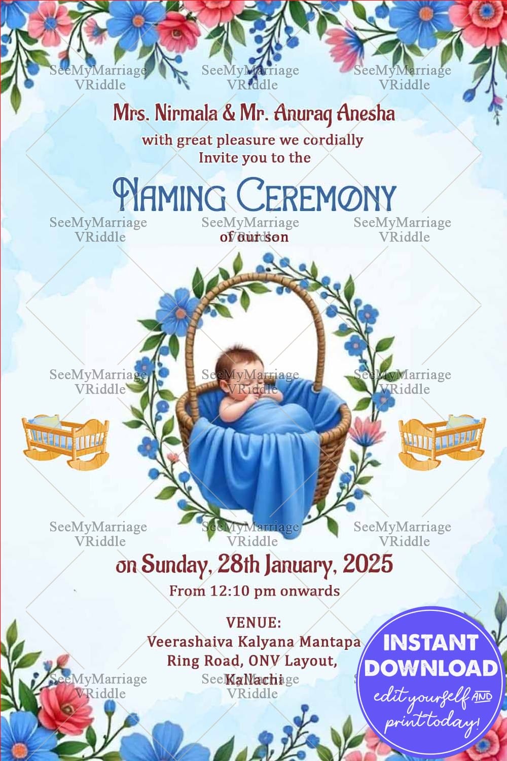 Soft Blue & Basket Design Naming Invitation for Baby Boy with Flowers