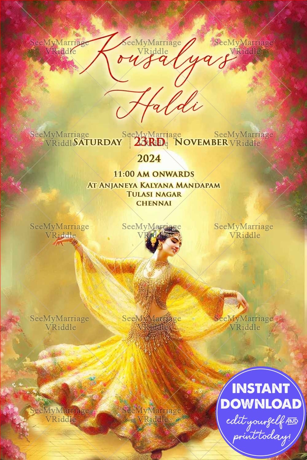 Dancing Bride Haldi Invitation with Yellow and Gold Theme, Floral Design