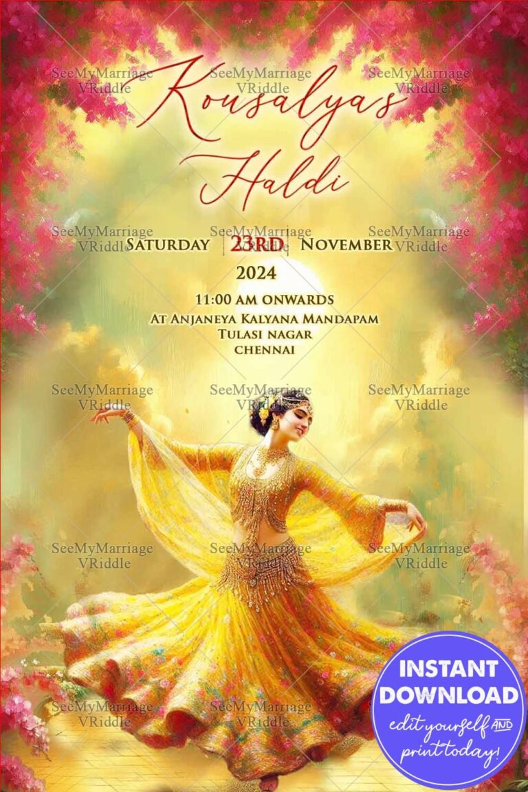Dancing Bride Haldi Invitation with Yellow and Gold Theme, Floral Design
