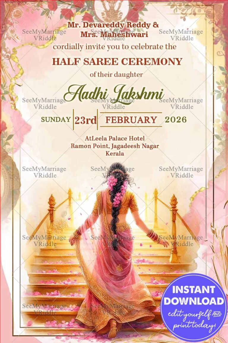 Pink and Gold Aesthetic Half Saree Invitation Card with Festive Design
