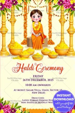 Yellow-Themed Haldi Invitation Card with Cute Bride Illustration & Ritual Setup