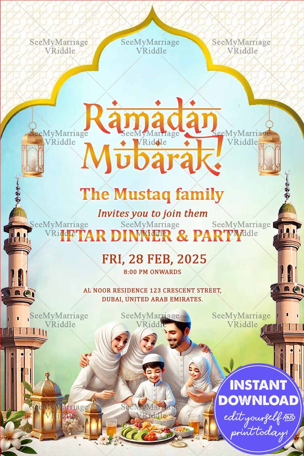 Family Gathering Ramadan Celebration Iftar Invitation with Mosque and Lanterns