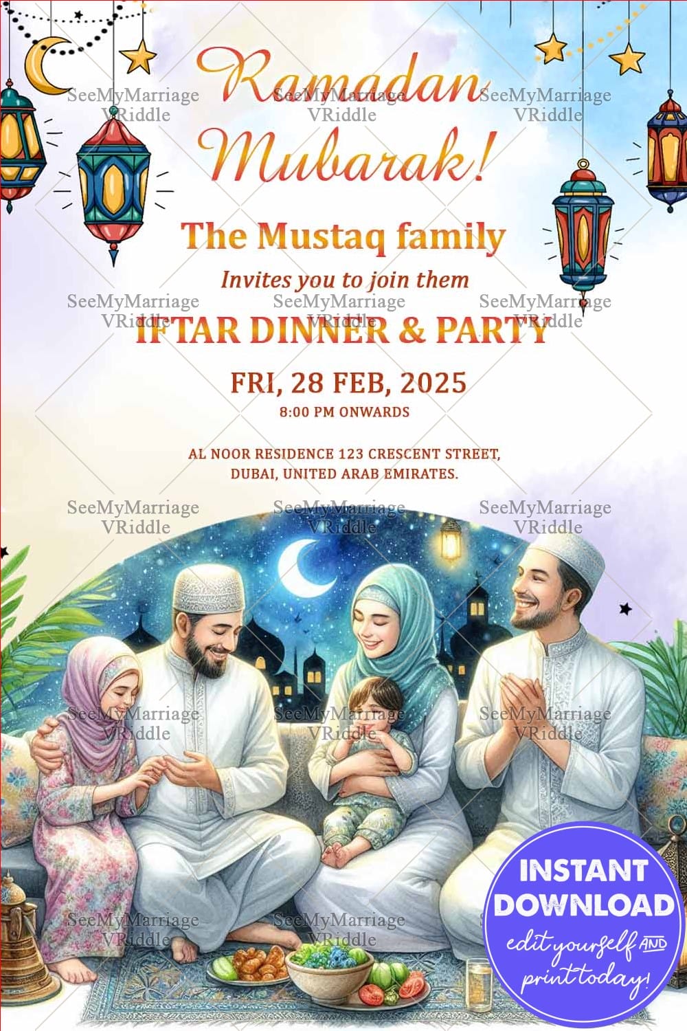 Ramadan Iftar Invitation with Family Bonding Scene, Food Spread and Warm Lantern Glow